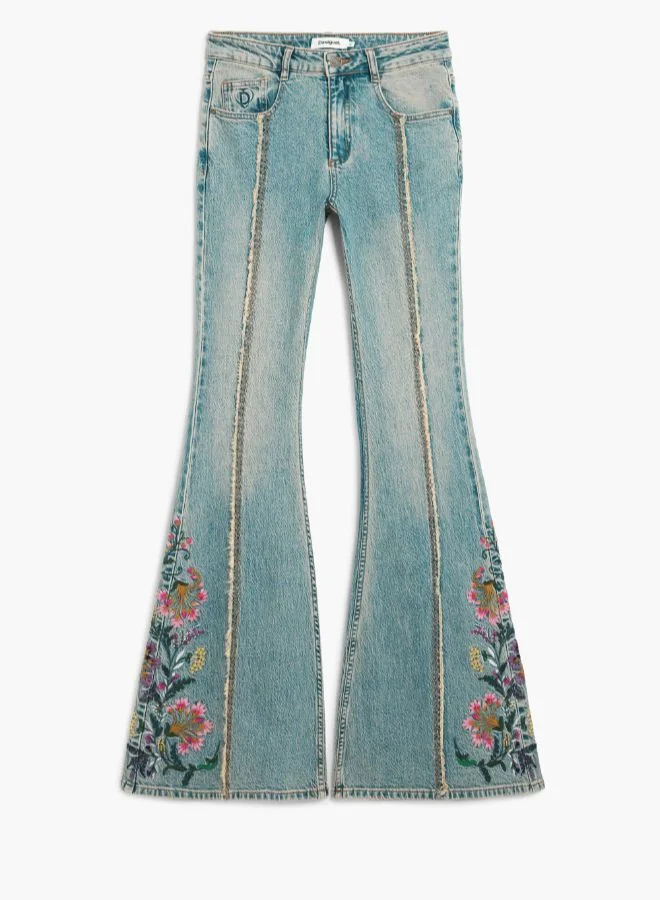 DESIGUAL Blue Jeans Trousers With Flower Topstitching for Women | Best Price UAE